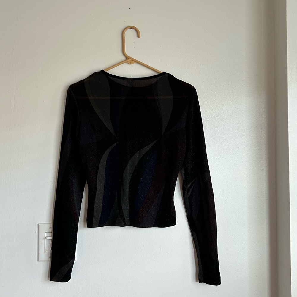 Y2K Black Sheer Long Sleeve Top 90s Whimsigoth Grunge Metallic Vamp Fairy - Picture 3 of 5